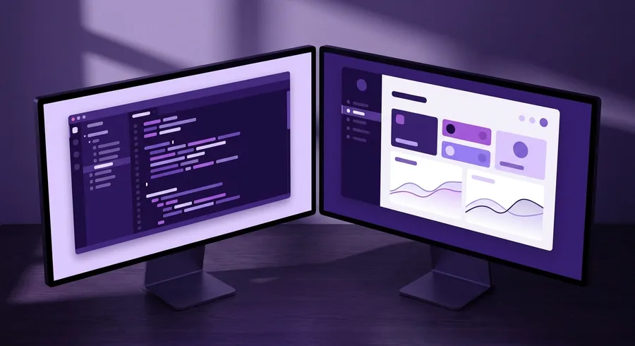 Custom software being built: a code editor beside the application it produces.